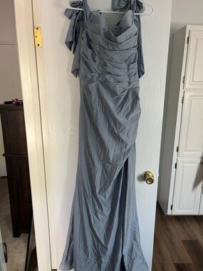 Ruched Slate Gray Maxi Dress with Tie Shoulder Straps